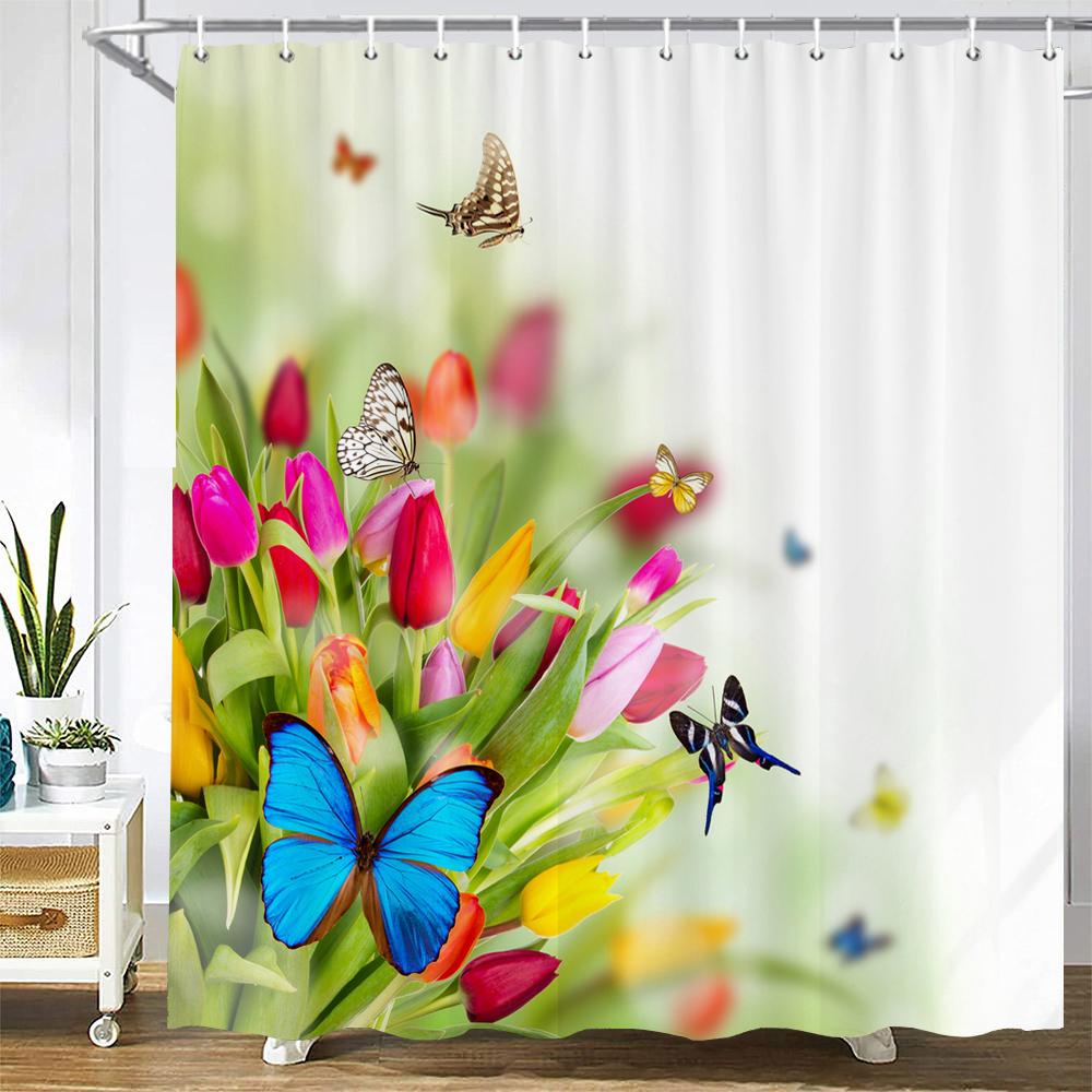 Colorful Flower Butterfly Fabric Shower Curtain Bathroom Curtains with Hooks Waterproof Printing Floral Bath Curtain Home Decor