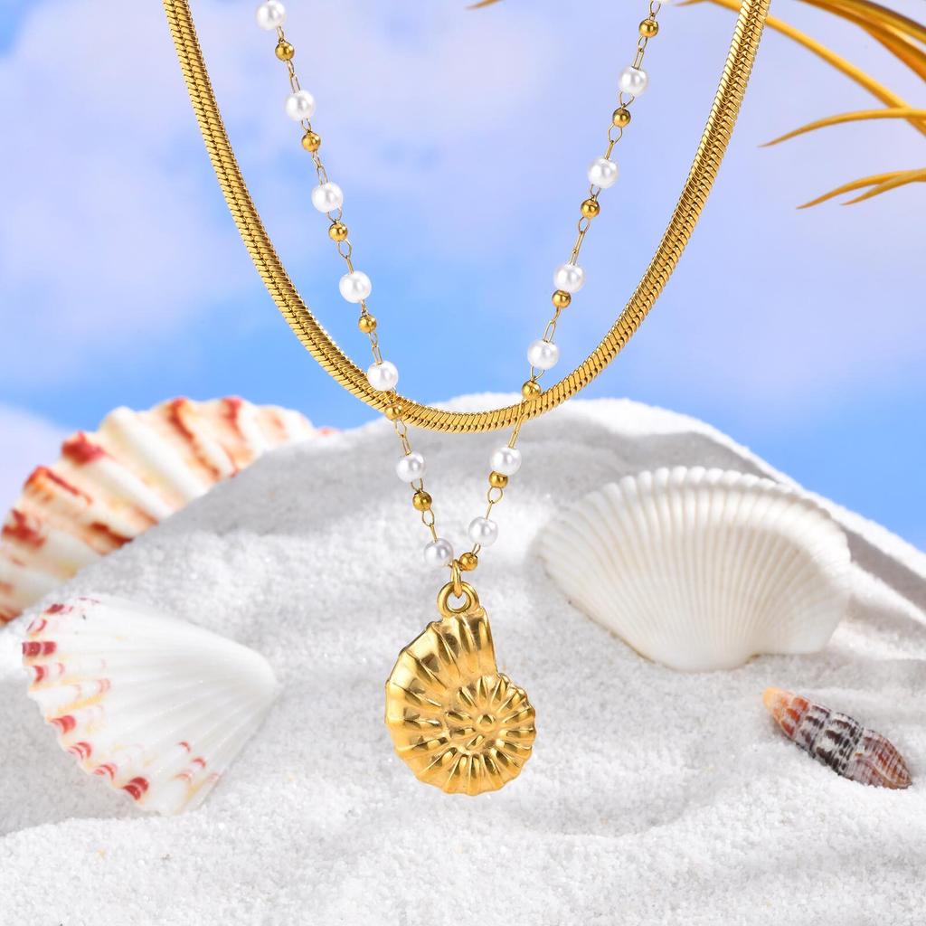 Double Layered Beads Chain Starfish Pendants Ocean Conch Pendant Necklace, Stainless Steel Summer Waterproof Jewelry
