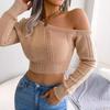Women's One Shoulder Long Sleeve Crop Knit Top Slim Fit Elegant Solid Modal Sweater