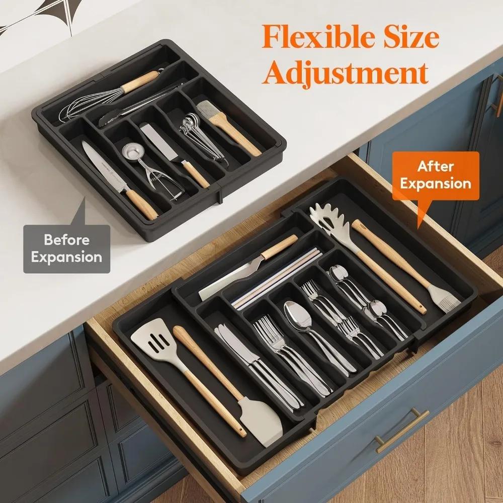Silverware Drawer Organizer, Expandable Utensil Organizer for Kitchen Drawers, Adjustable Cutlery and Flatware Tray