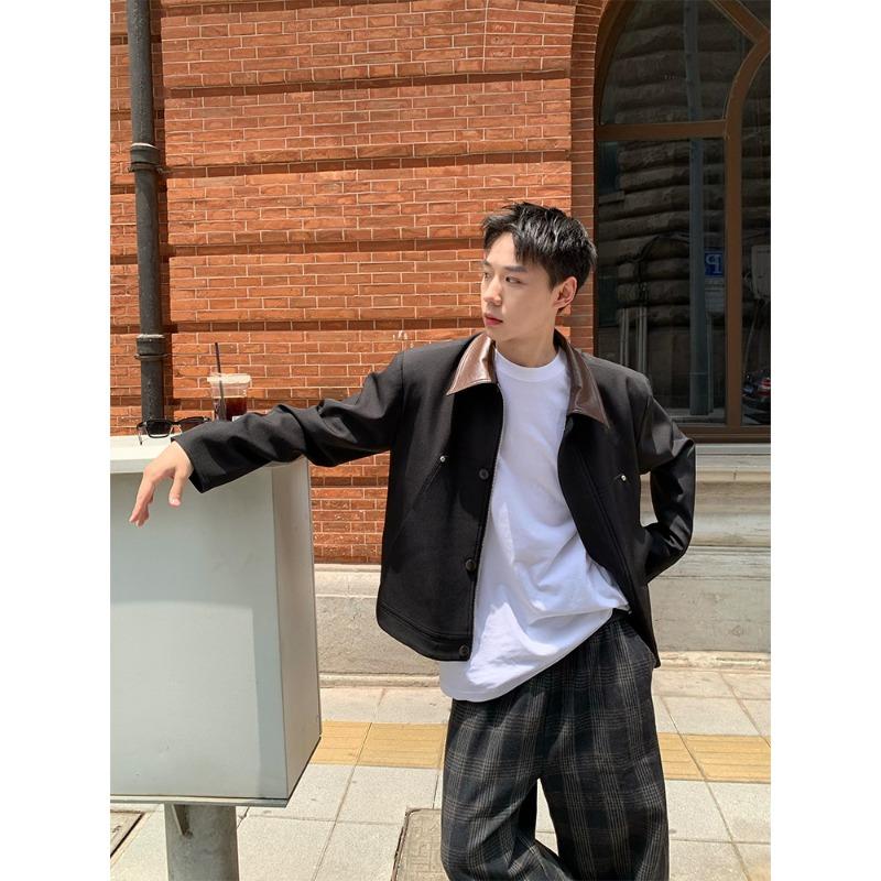 Korean Style Loose Short Turn Down Collar Leather Patch Jacket For Men