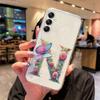 For Samsung Galaxy A54 A14 A34 A24 Blue Butterfly Flower Letters A-Z Couple Phone Case Transparent Clear Silicone Bumper Cover