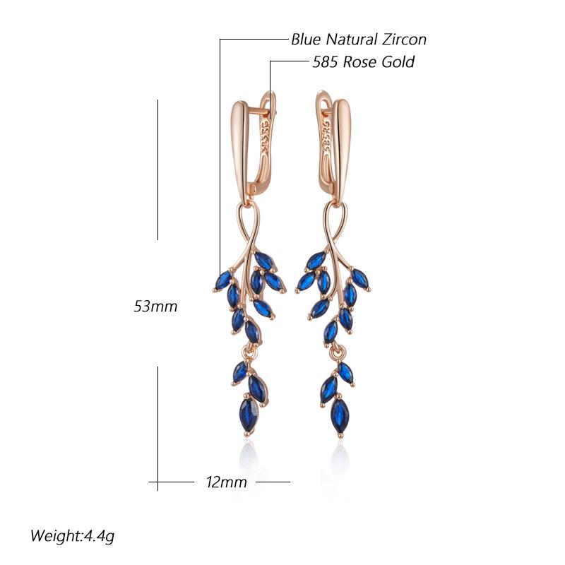 Full Blue Natural Zircon Leaf Shape Long Dangle Earrings For Women Fashion  Rose Gold Color High Quality Daily Jewelry