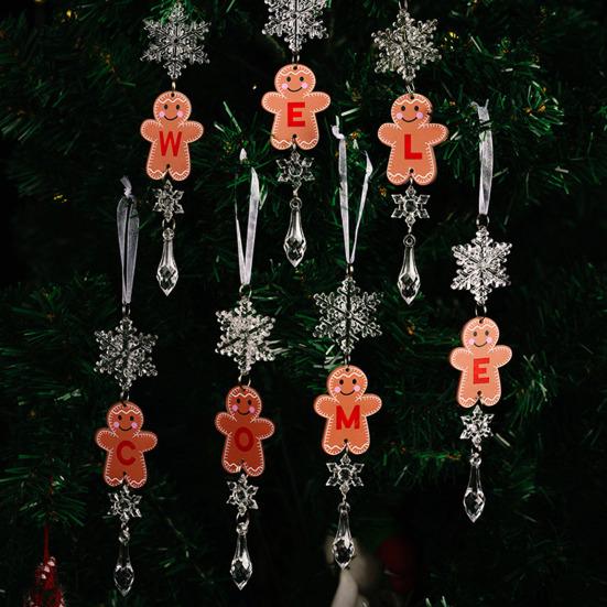 Christmas Gingerbread Man Letter Ornament Name Initial Gingerbread Hanging Decoration with Clear Acrylic Snowflake Icicle for Xmas Tree Party Decor