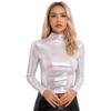 Womens Metallic Long Sleeve T-Shirt Fashion Shiny Top Slim Fit Mock Neck Tops Cocktail Dancing Party Club Music Festival Costume