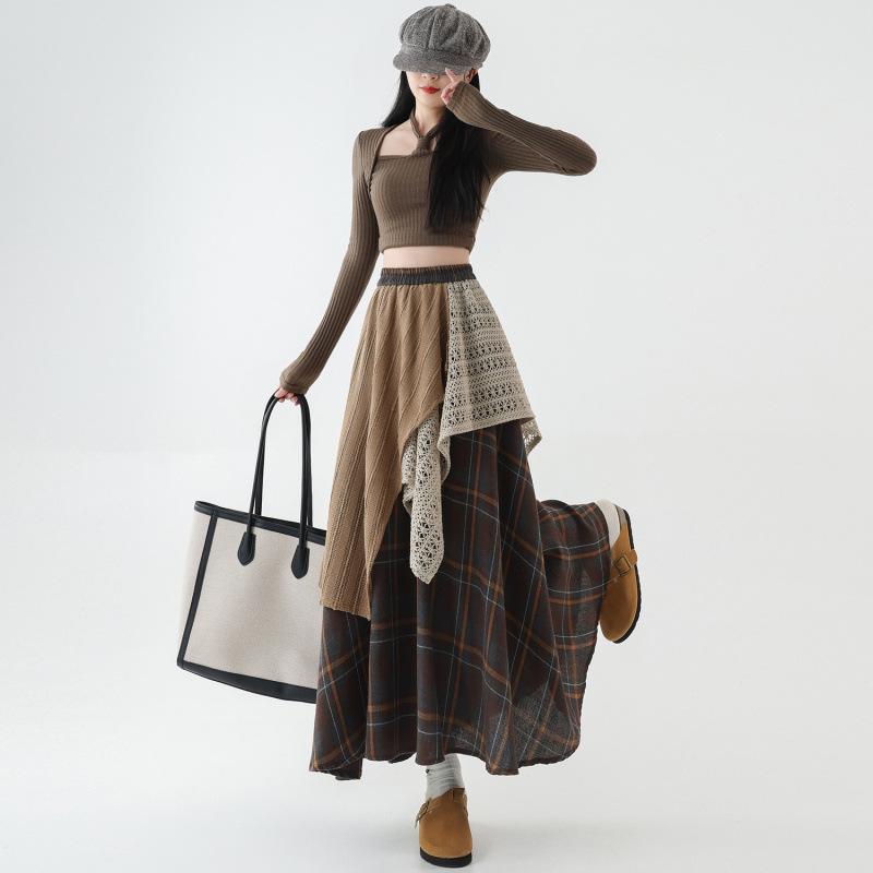 Women's High-Waisted Retro Plaid Lace Patchwork A-Line Skirt with Irregular Hem