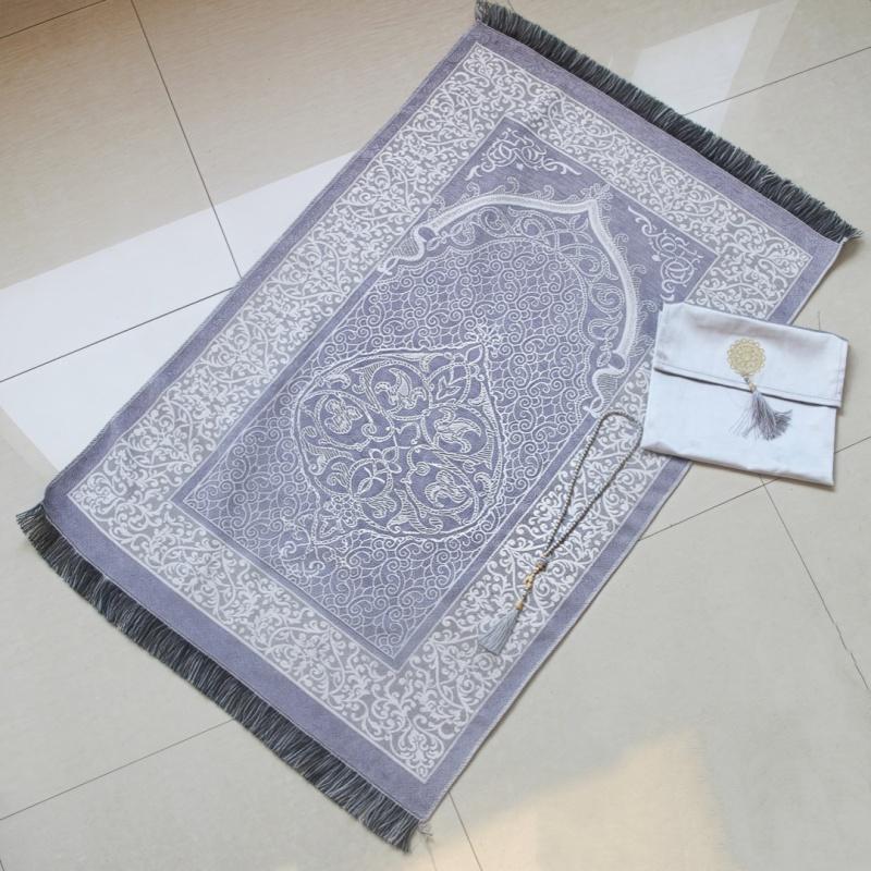 Turkish Style Gloss Silk-Like Printed Non-Slip Prayer Rug with Matching Carry Bag Popular Ramadan Religious Present Mat