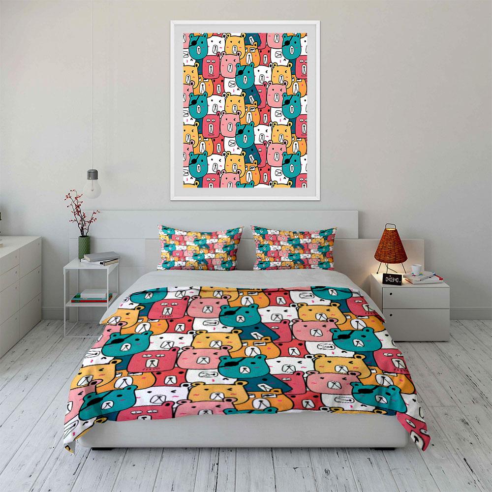 Cartoon Bear Faces Pattern Bedding Duvet Cover Set  (1*Duvet Cover 2*Pillowcases, Without Duvet Insert)