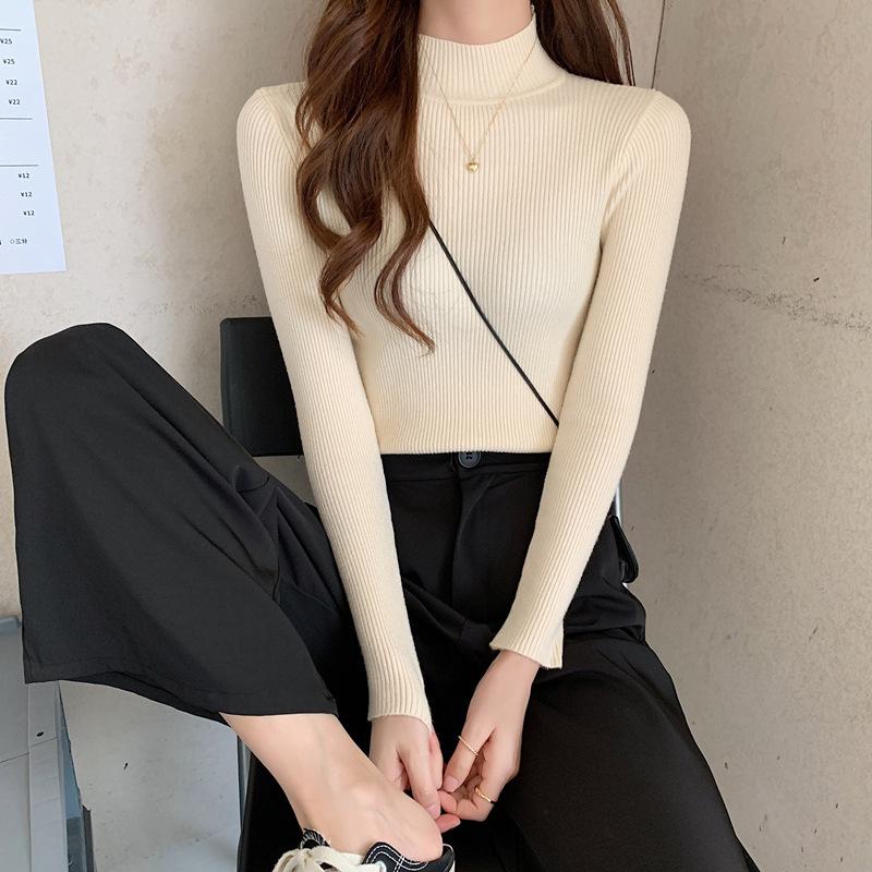 Women Spring Autumn Winter Half High Collar Pullovers Sweaters Jumper Primer Shirt Full Sleeve Short Slim-fit Tight Bottoming Knit Chic Solid One Size