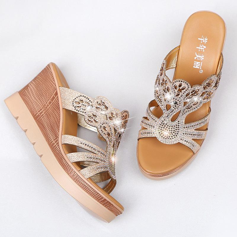 Water Diamond High Heel Slope Heel Sandals Women's Thick Bottom Slippers Slope Heel Large Anti Slip Cool Slippers Women Shoes