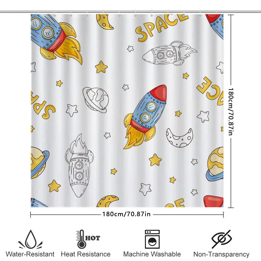 Space-Themed Shower Curtain Set Featuring Rockets And Planets For Kids' Bathrooms White Background With Colorful Designs