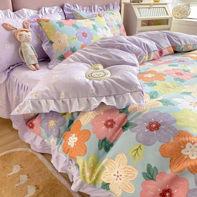 4pcs/set Princess Style Bedding Korean Cute Bed Skirt Thickened Skin-friendly Comfortable Duvet Cover Bed Sheet and Pillowcases Set