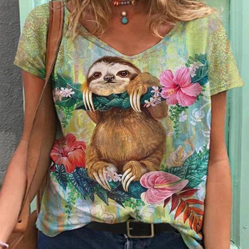 Fashion Spring  Bird Print Blouses Short Sleeved V-Neck T Shirts Casual