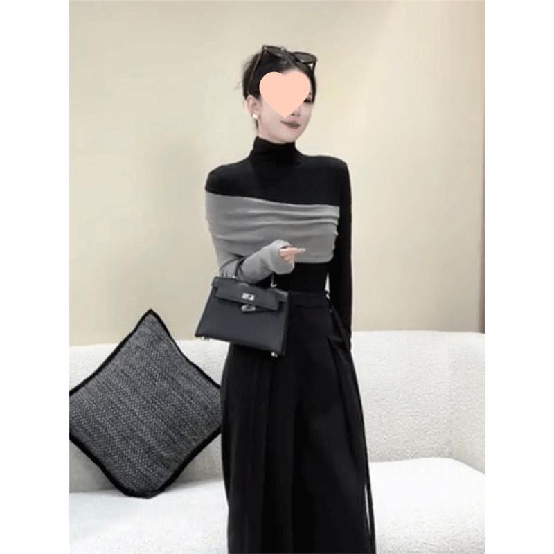 

Women s Korean Patchwork Color Block Slim Fit Semi-High Neck Long-Sleeve Top L