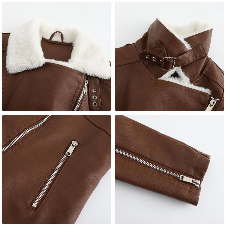 Women Fashion Slim Fit Pu Leather Jacket Long Sleeve Lapel Collar Zipper Fall Winter Coat