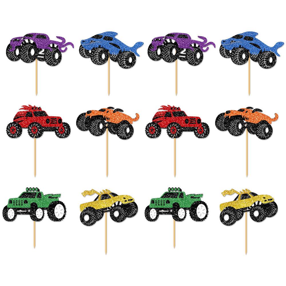 Monster Road Off Vehicle Pattern Party Cake Glitter Paper Plugin Decoration