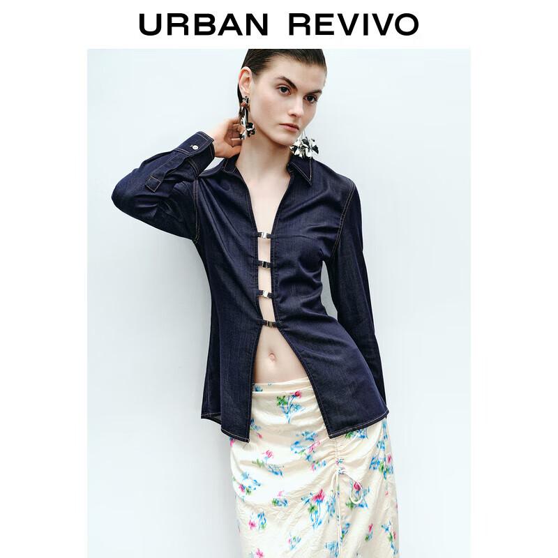 UR Women s 2025 Spring Retro Hollow-out Long Sleeve Denim Shirt XL