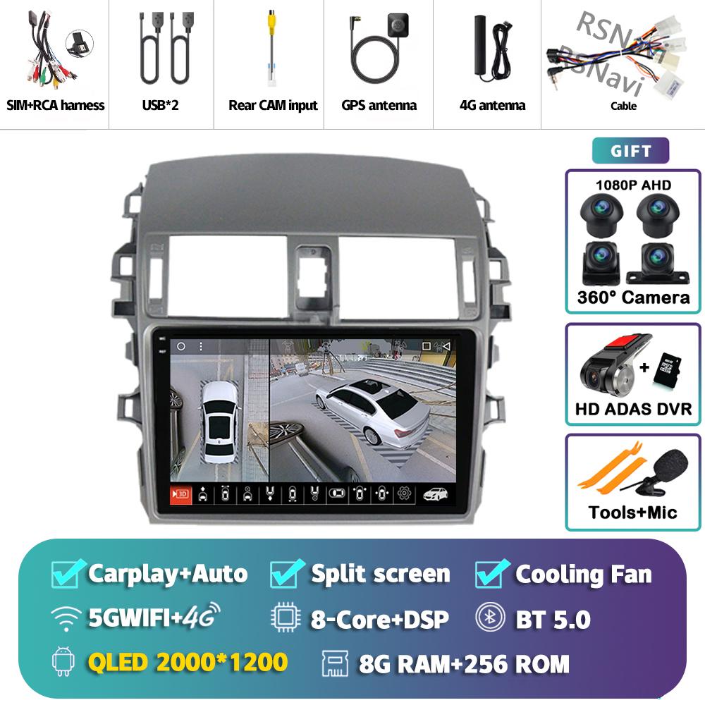 Android 14 Carplay Auto For Toyota Corolla 2006 - 2013 Car Radio 4G+WIFI Player Multimedia Stereo 360 Camera Navigation Video BT