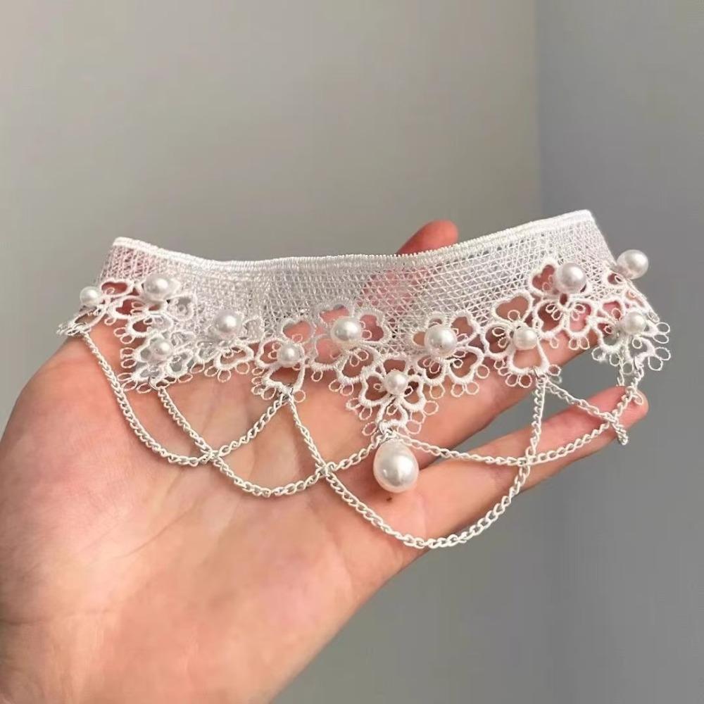 

Retro Court Style White Lace Choker Tassels Chain Imitation Pearl Pendant Necklace for Women Gothic Bride Wedding Party Jewelry білий