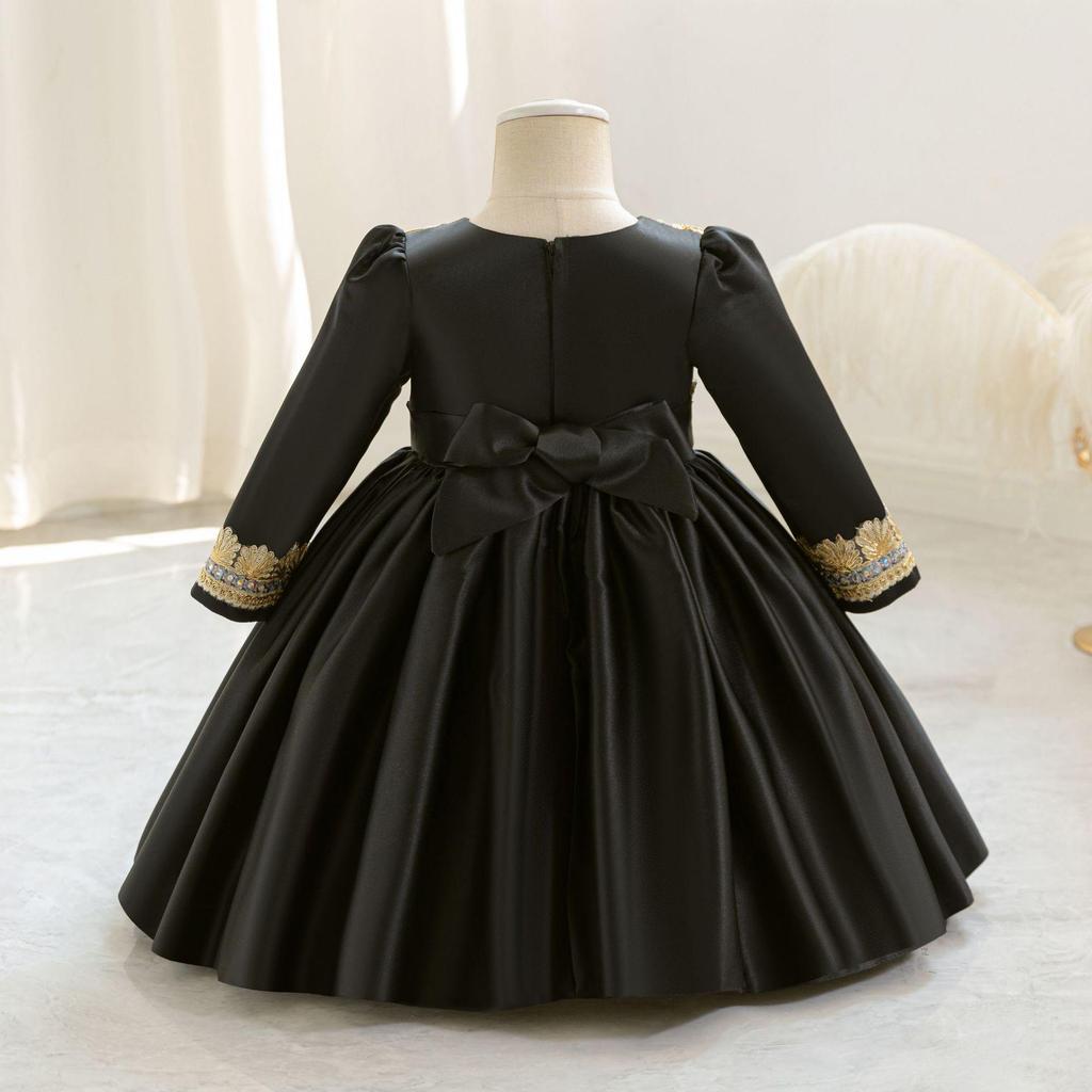 Girls' European & American Floral Princess Evening Dresses: Long Sleeve Banquet Performance Attire