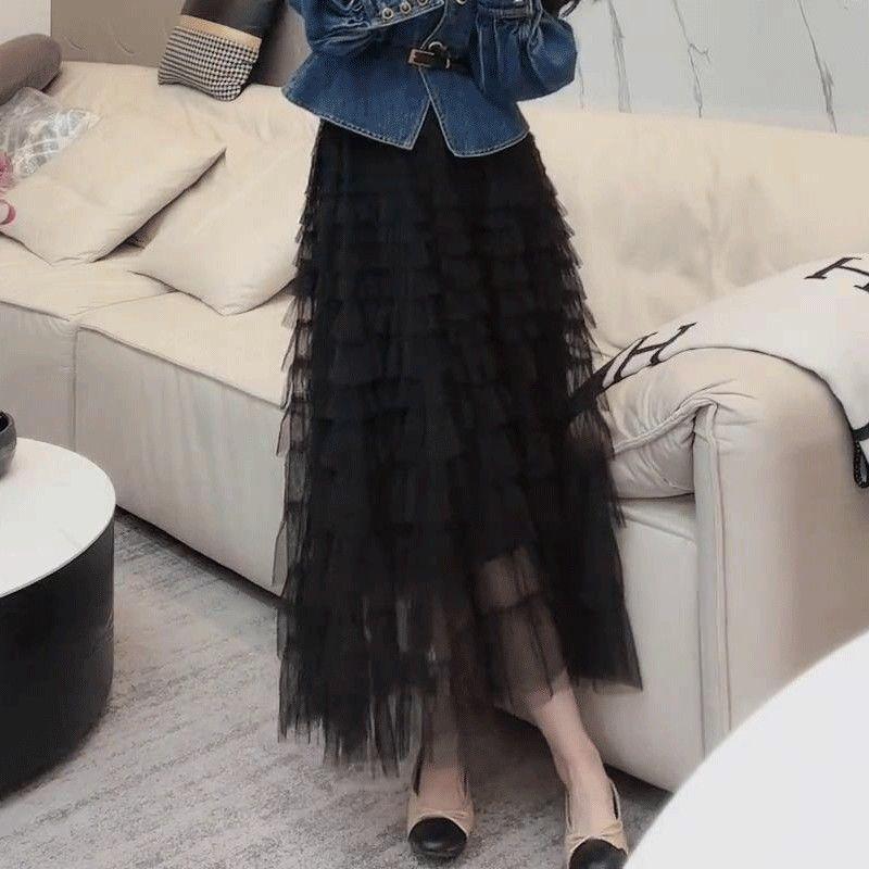 

Sweet Chiffon Dress for Women In Spring and Summer Ruffle Edge Thousand Layer Cake Skirt Slimming Half Body Skirt One size