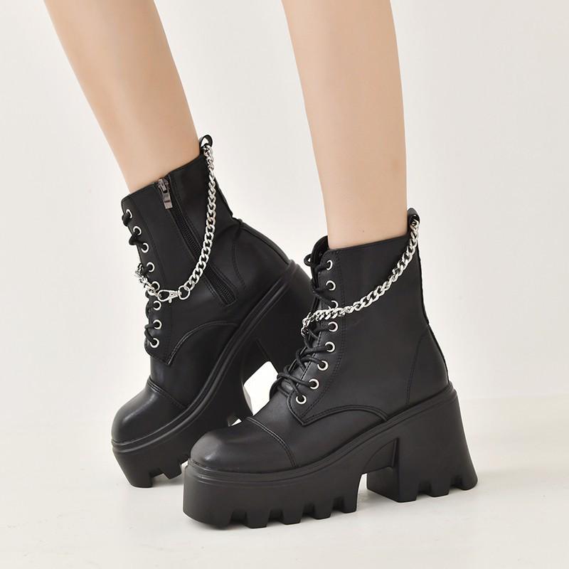 Women's Plus Size Patent Leather Gothic Chain Chunky Heel Platform Ankle Boots