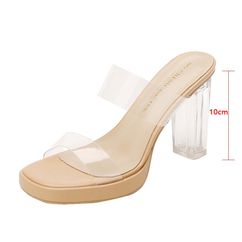 Leather Sheepskin Transparent High-heeled Sandals Women's 2025 New Waterproof Table with Crystal Heel Thick Heel Cool Slippers