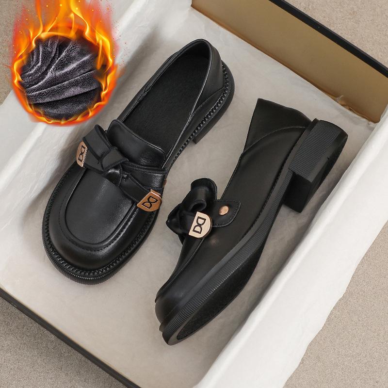 Women's British-Style 2025 Velvet Loafers - Genuine Leather, Black, Sizes 41-43, Flat Autumn Shoes