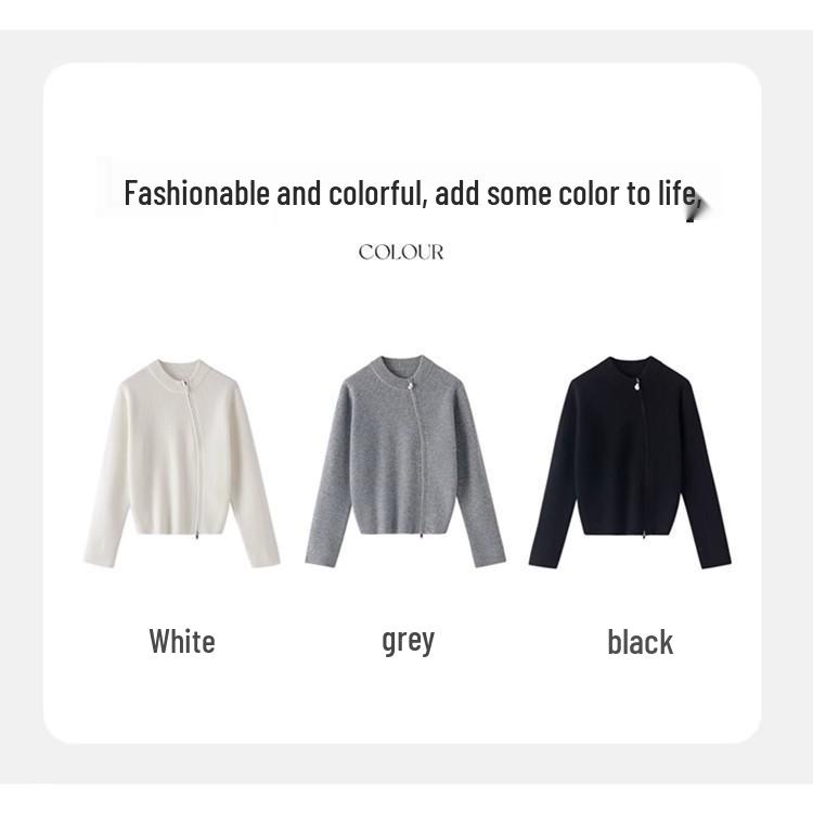 Women's Grey 100% Pure Wool Round Neck Cardigan with Pearl Zipper