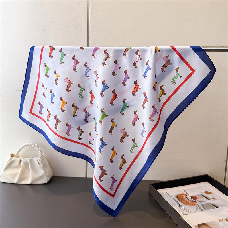 Silk Square Scarf Women Luxury Dog Print Kerchief Soft Satin Hairband Hands Bag Ribbon Foulard Hijab Neckerchief Headband Ladies