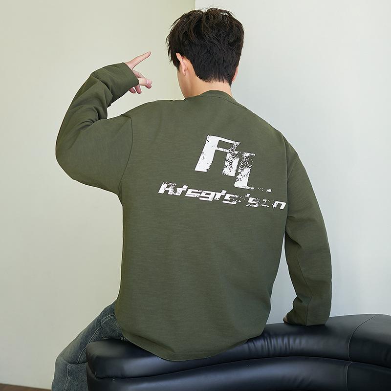 Heavy Crew Neck Sweater Pure Cotton Long-sleeved Men's Spring and Autumn Printed Bottoming Shirt Top Loose Sweater