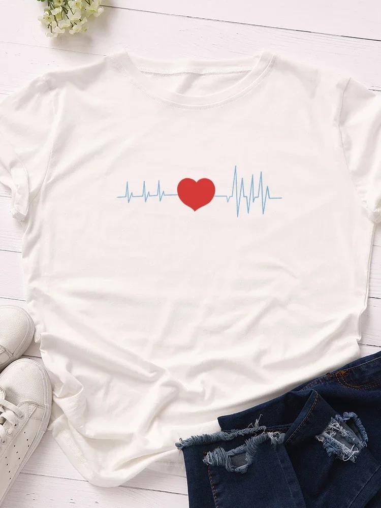 Electrocardiogram Heart Print Women T Shirt Short Sleeve O Neck Loose Women Tshirt Ladies Tee Shirt Tops Clothes Camisetas Mujer
