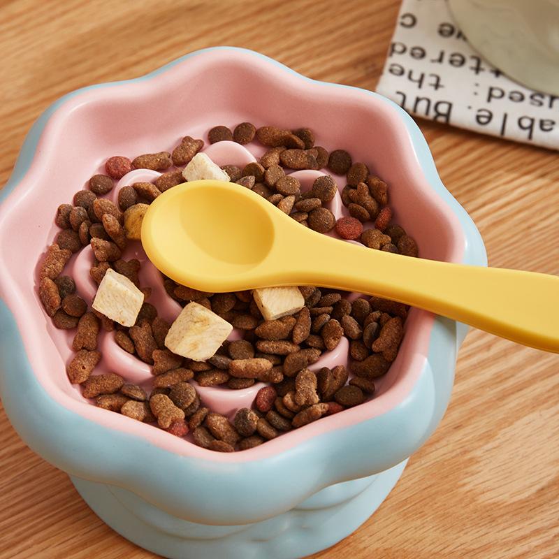 Creative Ceramic Drinking Water Food Tall footed Pet Bowls Anti Overturning Neck Protection Slow Food Anti Choking Cat Bowl, 1Pc