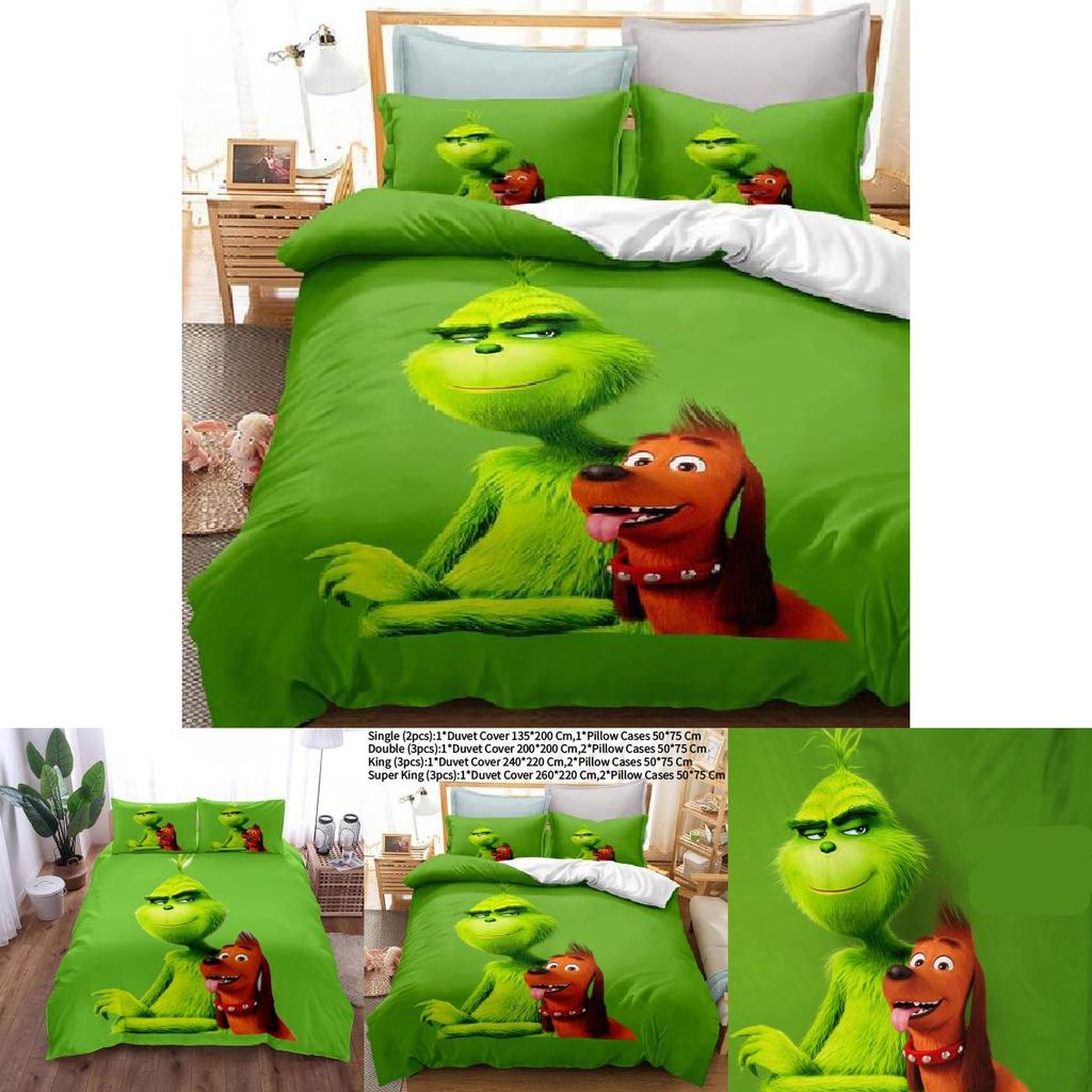 Das Grinch Zeichentrickfigur 3D-gedruckte Bettbezug-Set für moderne Schlafzimmerdekoration