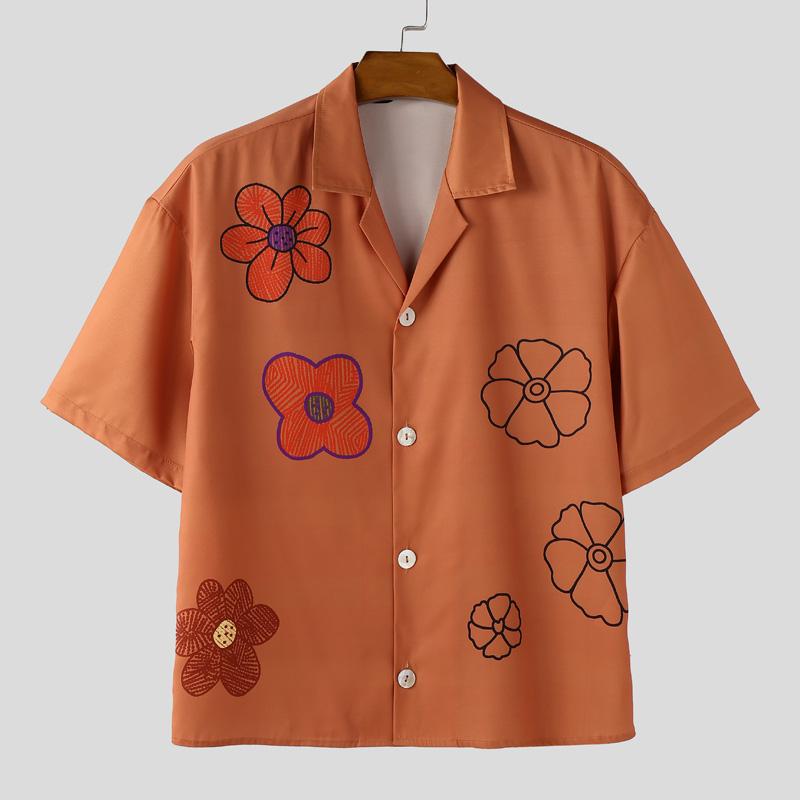 

INCERUN Summer Men Lapel Neck Floral Print Short Sleeves Casual Shirts L оранжевый