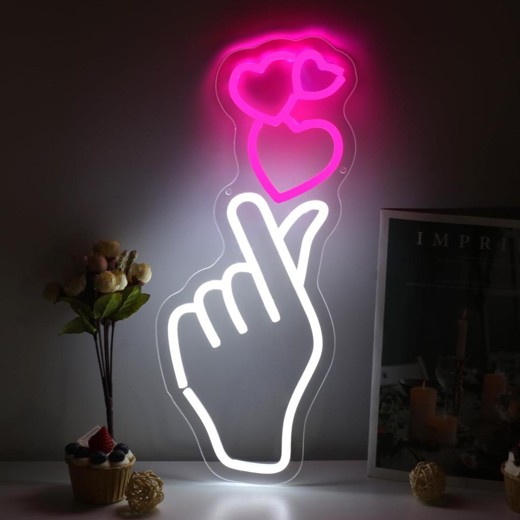Finger Heart Hand Love Neon Signs for Wall Decor for Valentines Day Gift, Light for Home, Bedroom, Party, Wedding Decor