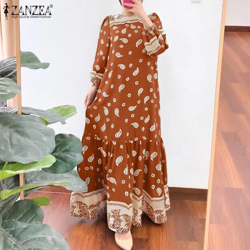 ZANZEA Women Casual Round Neck Long Sleeve Loose Retro Print Dress