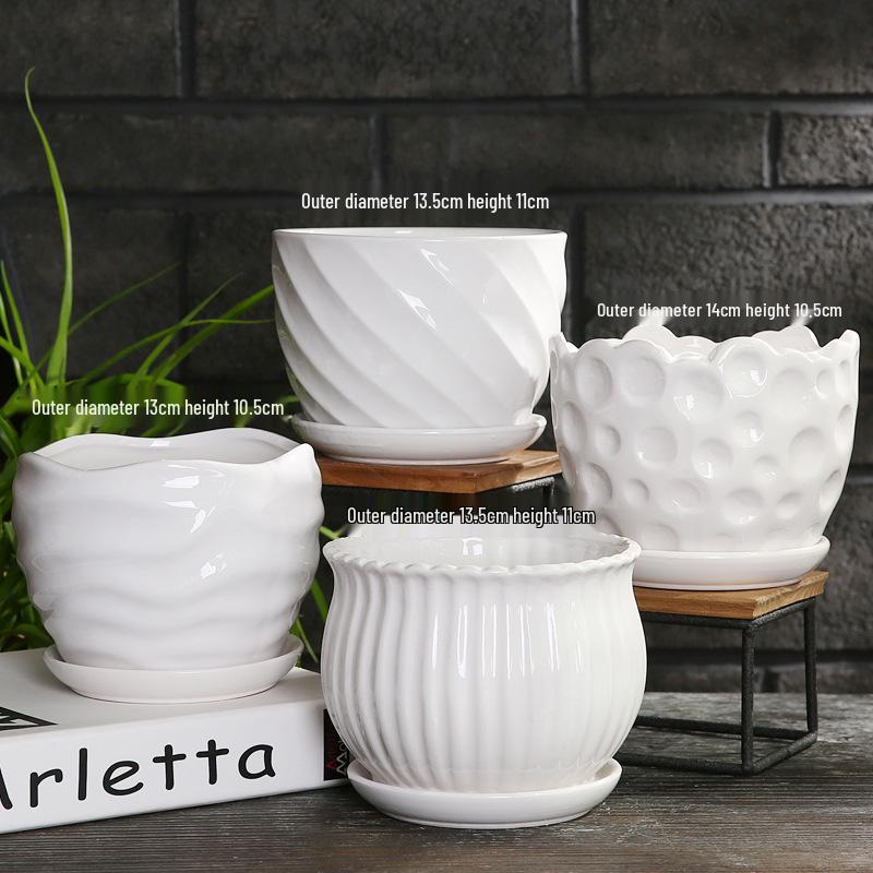 Elegant White Ceramic Flower Pot with Tray - Ideal for Ivy, Spider Plants, and Succulents