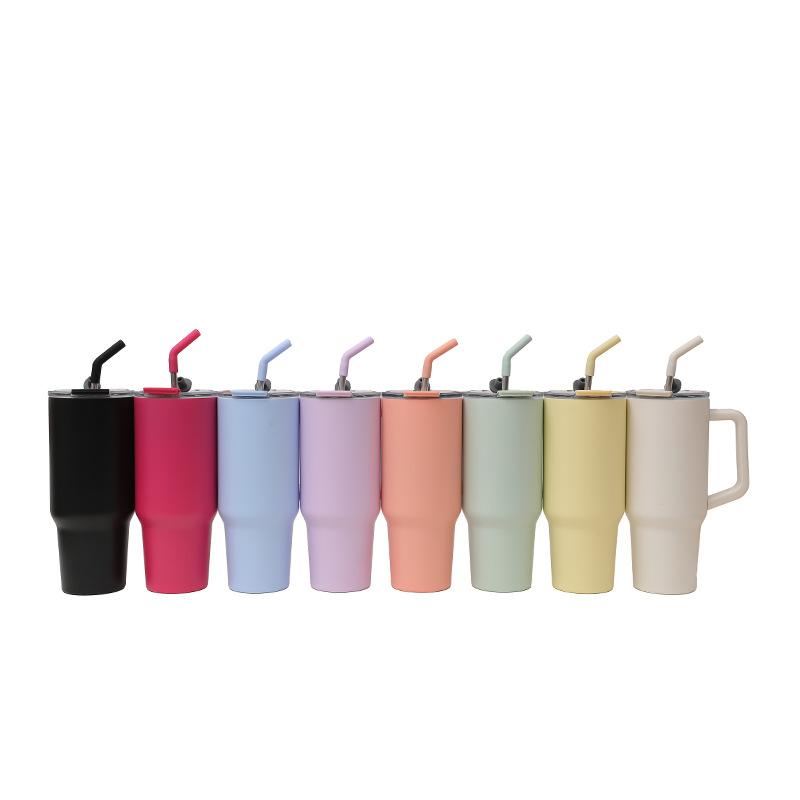 Stainless Steel Handle Car Cup Double Drink Large Capacity Straw Cup Household Solid Color Light Luxury Thermos Cup