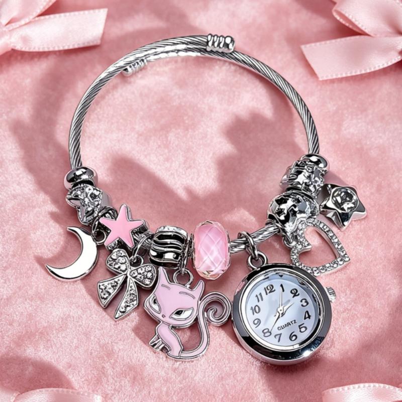 Ocean-Themed Multi-Pendant Bracelet With Watch Fashionable And Suitable For Commuting Stainless Steel Handmade Beaded Bangle
