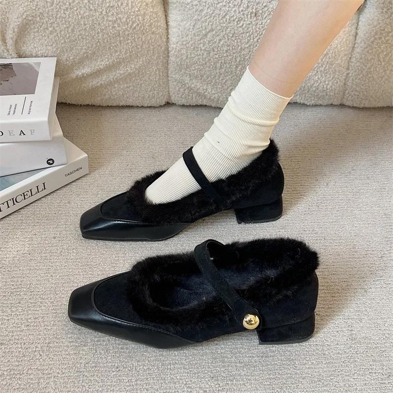 Fashion Square Toe Shallow Fur Loafers Women Boots Winter New Suede Retro Elegant Shoes Women 2025 Trend Party Cozy Fashion Boots Mujer
