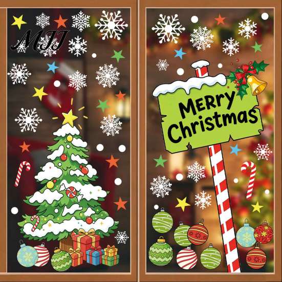 Snowflake Window Stickers 2Pcs Christmas Tree and Merry Sign Clings, PVC Static Glass Stickers, Reusable Decorations Holiday Decals with Star Colorful