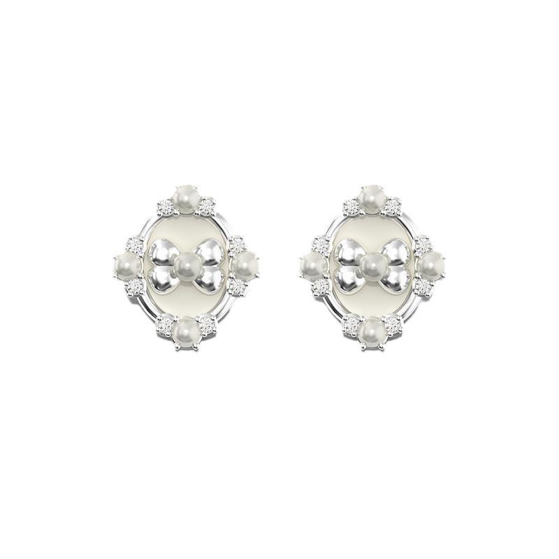 

Elegant Rotating Pearl & Diamond Earrings with Crystal Inlay & Cold Enamel серебряный
