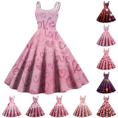 Women's Valentine's Day Love Heart Print Sexy Off Shoulder Vintage Dress