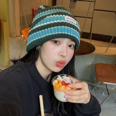 Y2K Japanese Streetwear Harajuku Beanie Little Devil Striped Knitted Hat Women Autumn Winter Bonnet Cute Cap Kpop Style