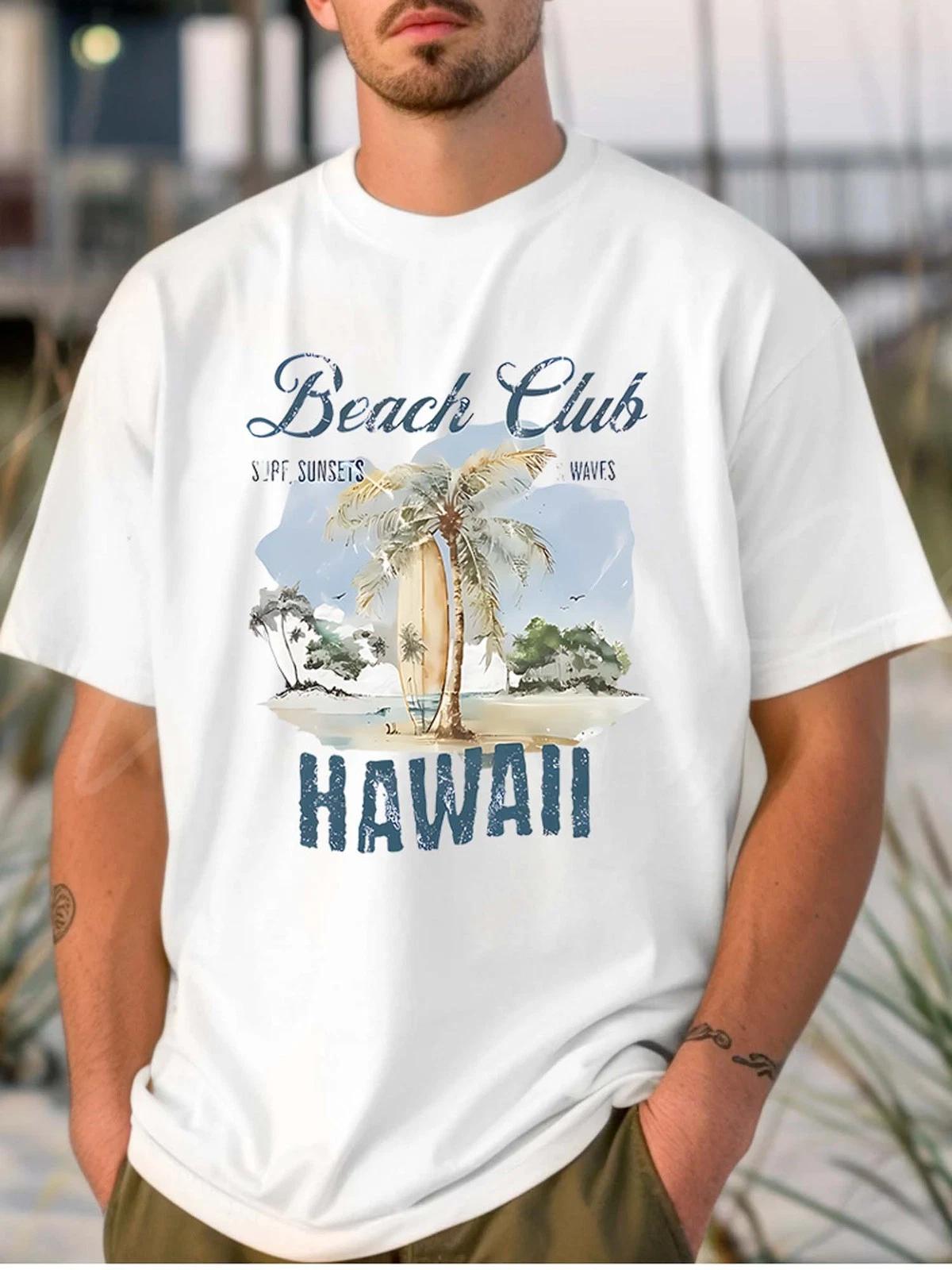 Hawaii Beach Club Vintage Surf Graphic Tee - Tropical Palm Tree Paradise T-Shirt M