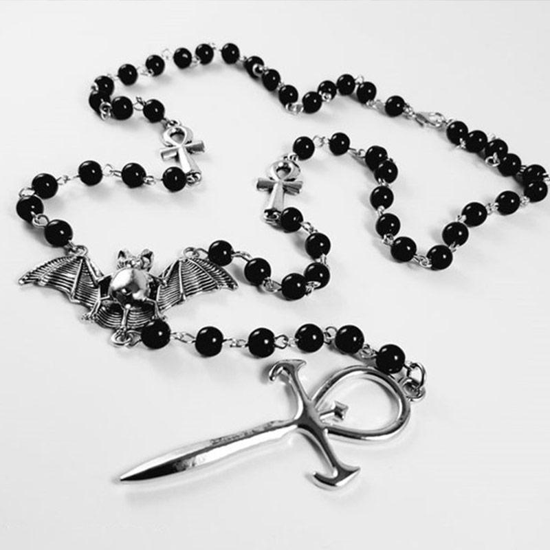 Emo Vampire Ankh Rosary Occult Vamp BeEmo Vampire Ankh Rosary Occult Vamp Bead Necklace Goth Punk Bat Cross Pendant Necklace Han