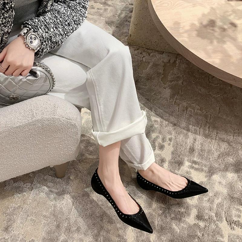 Summer and Spring Shallow Mouth Pointed Solid Color All-match Small Rivet Buckle Flat Shoes Women
