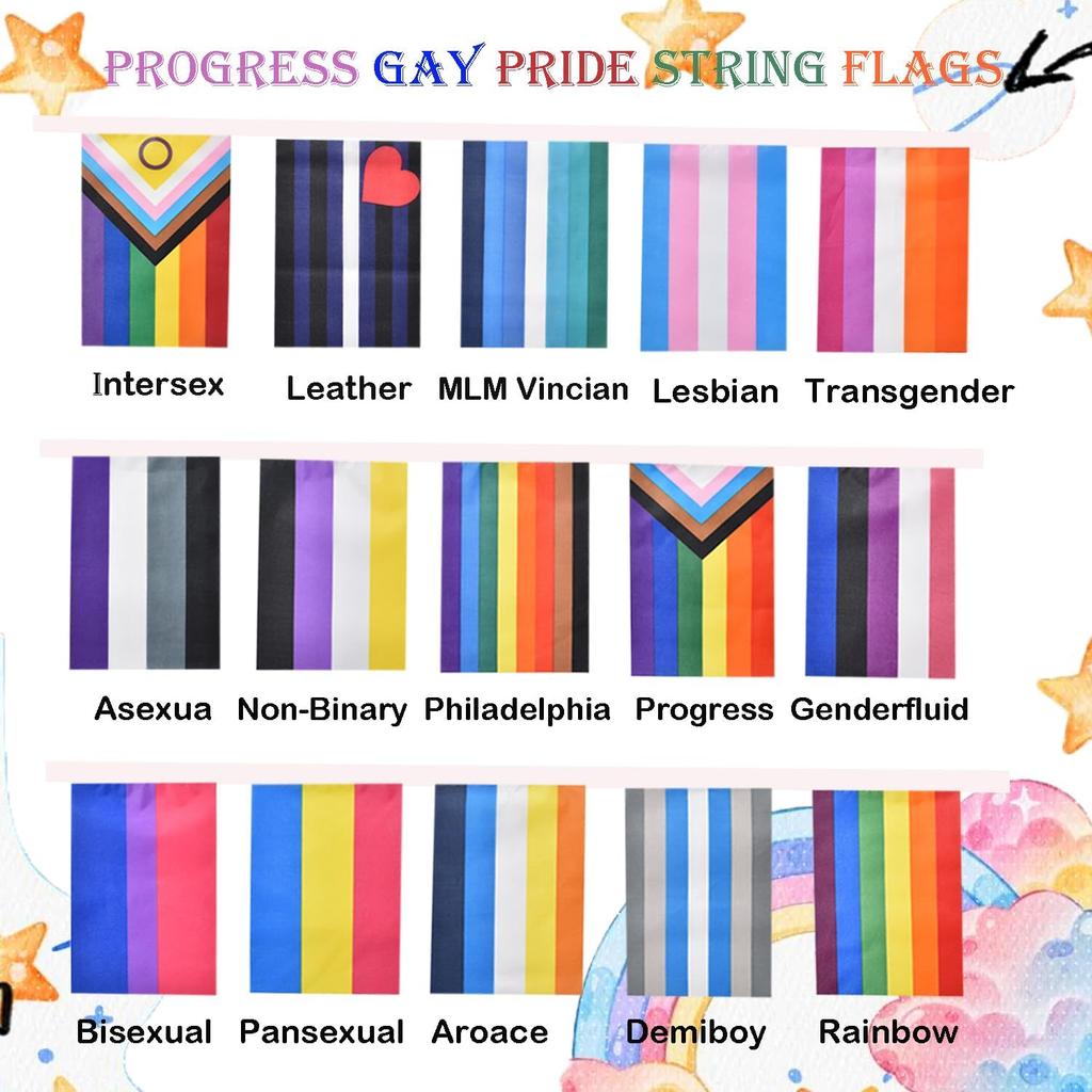 2 Pack Progress Gay Pride Flags Banner Bunting Rainbow LGBTQ Intersex Garland String Decorations 40Feet 30Flags 5x8 Inch