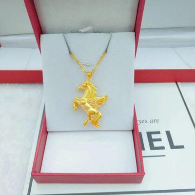 Gilt Brass Pegasus Pendant Necklace with Sand Gold Water Wave Design